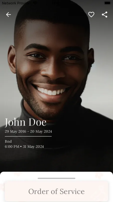 The Ditiro app showing a memorial page for John Doe, with the service date, venue and time, and an Order of Service panel.